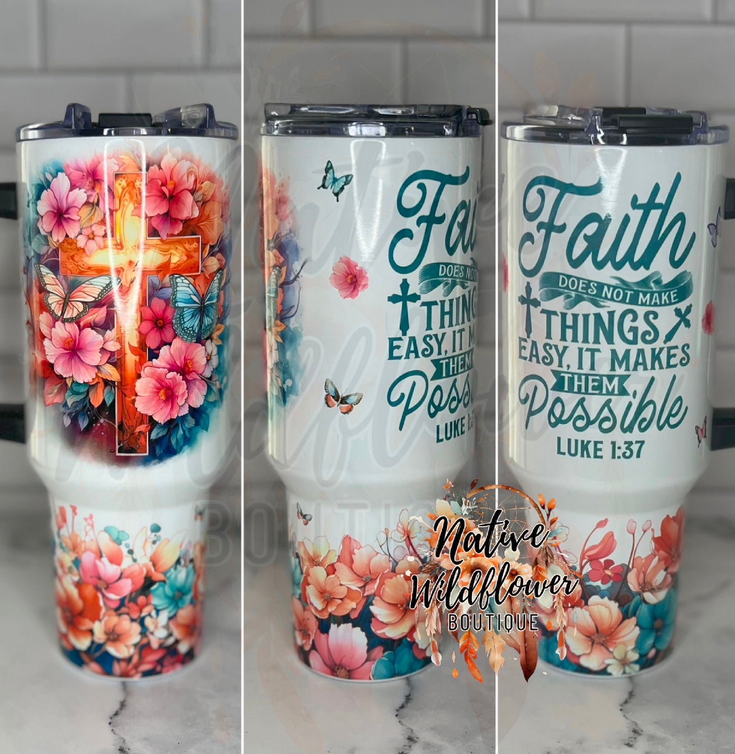 Faith Floral Butterfly 40oz Handle Tumbler