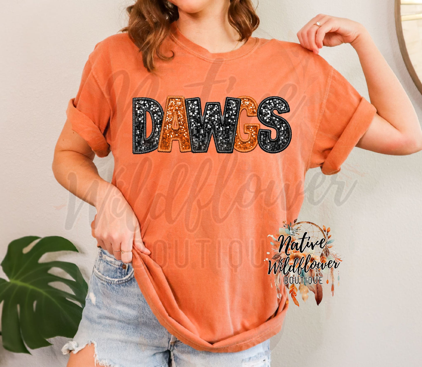 Orange and Black DAWGS Faux Embroidery