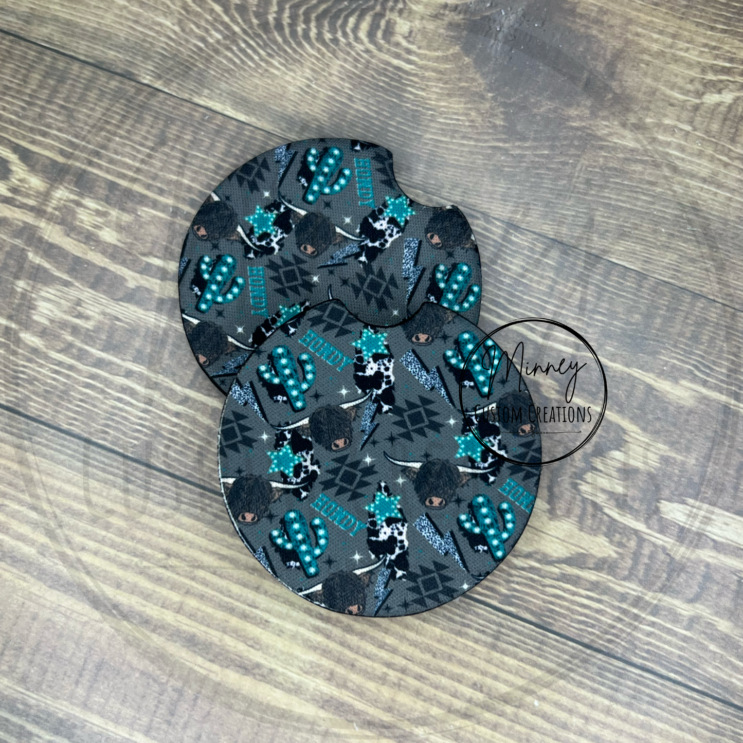 Teal Honky Tonk Highland Cow/Cactus Car Coasters