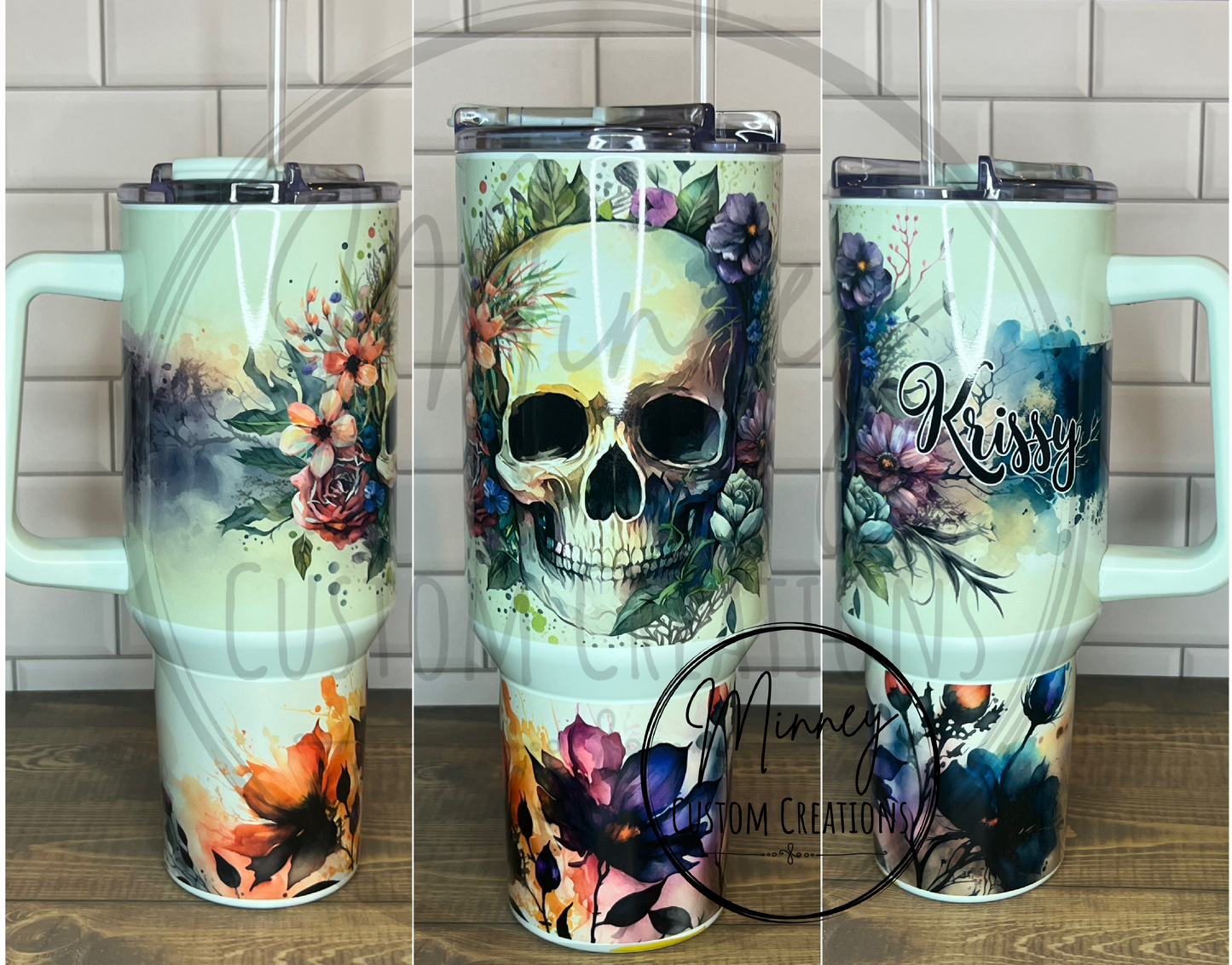 Watercolor Skull 40oz Handle Tumbler