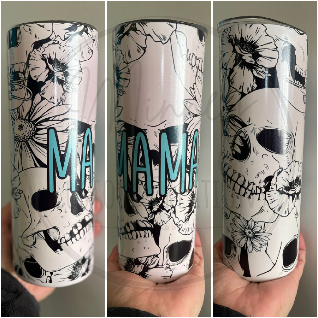 Black & White Floral Skull Glow/UV Tumbler