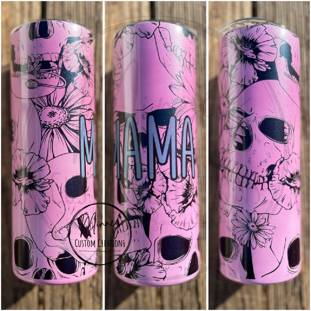 Black & White Floral Skull Glow/UV Tumbler