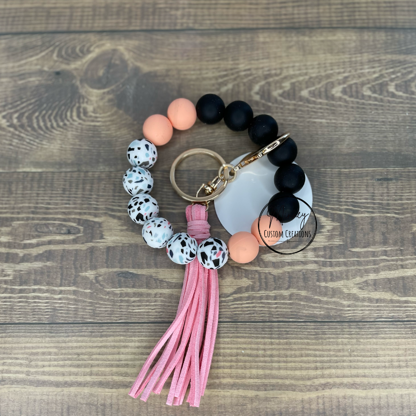 Coral Speckled, Black, & Marble Beaded Wristlet