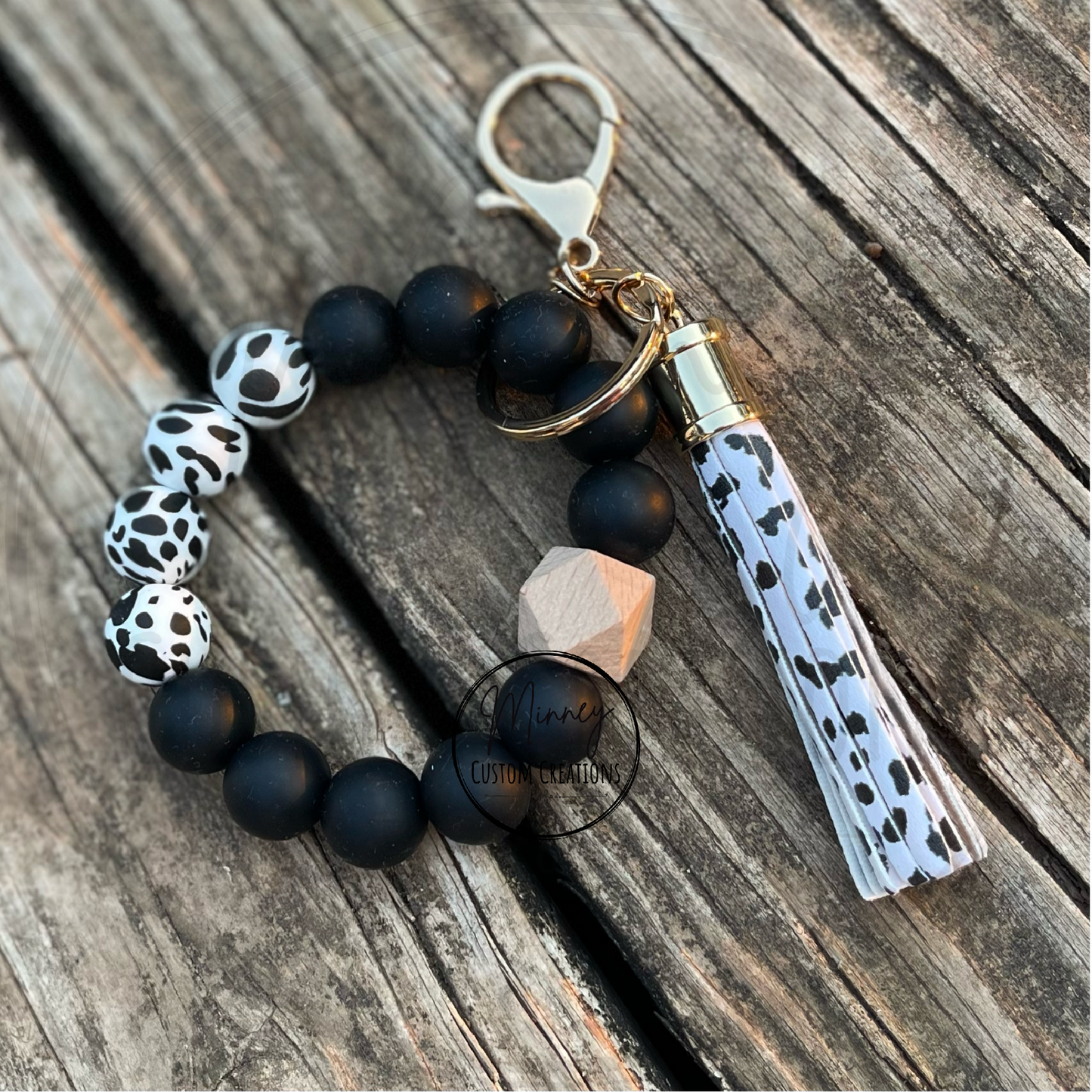 Black and White Cow Print Beaded Wristlet