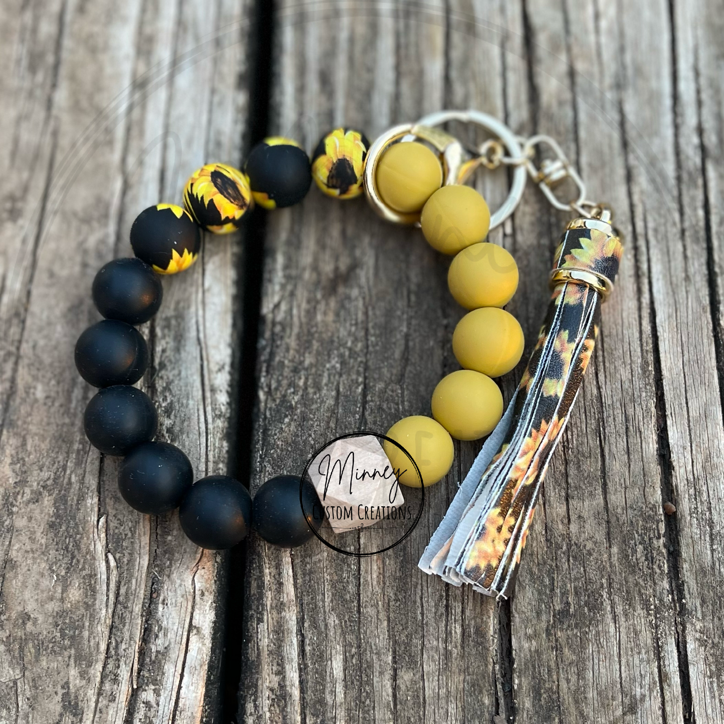 Black and Yellow Sunflower Beaded Wristlet