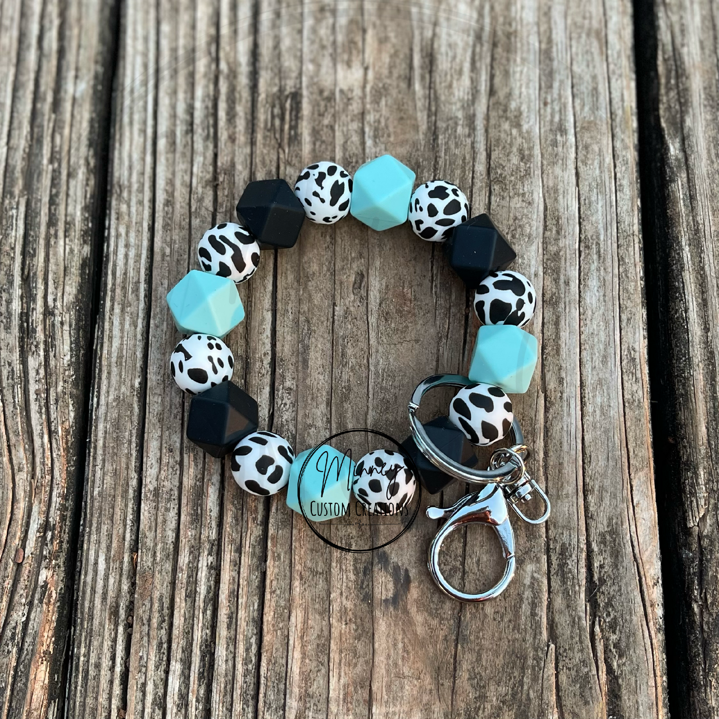 Teal, Cow Print, & Black Beaded Wristlet
