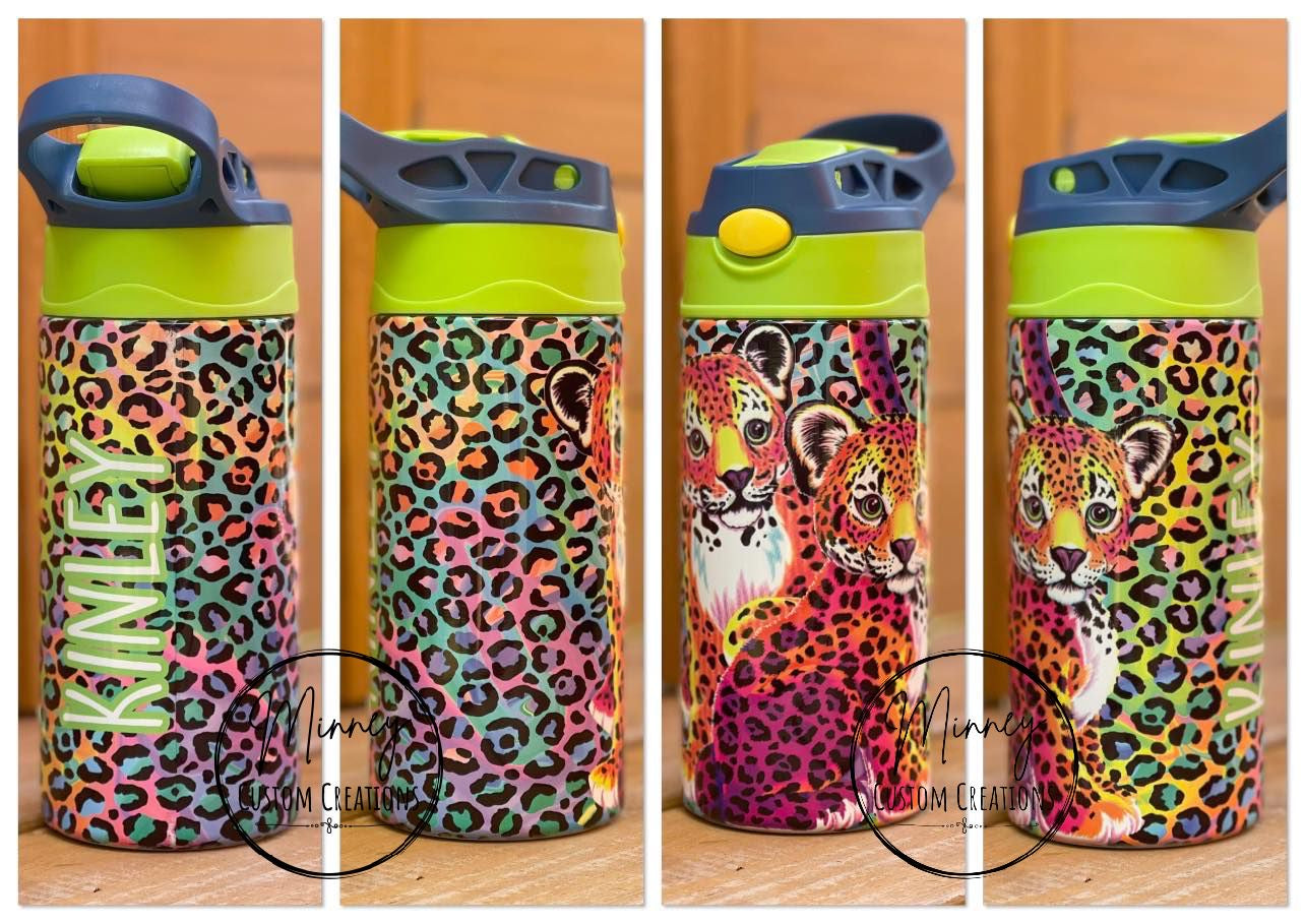 Neon Rainbow Leopard Kids Flip Top Tumbler