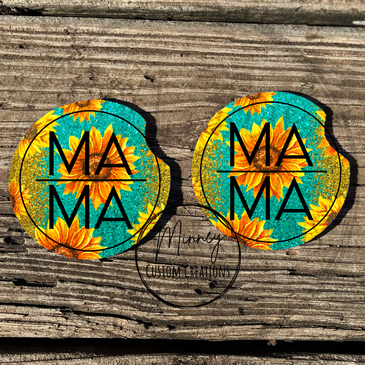 Yellow/Turquoise Glitter Sunflower Car Coasters