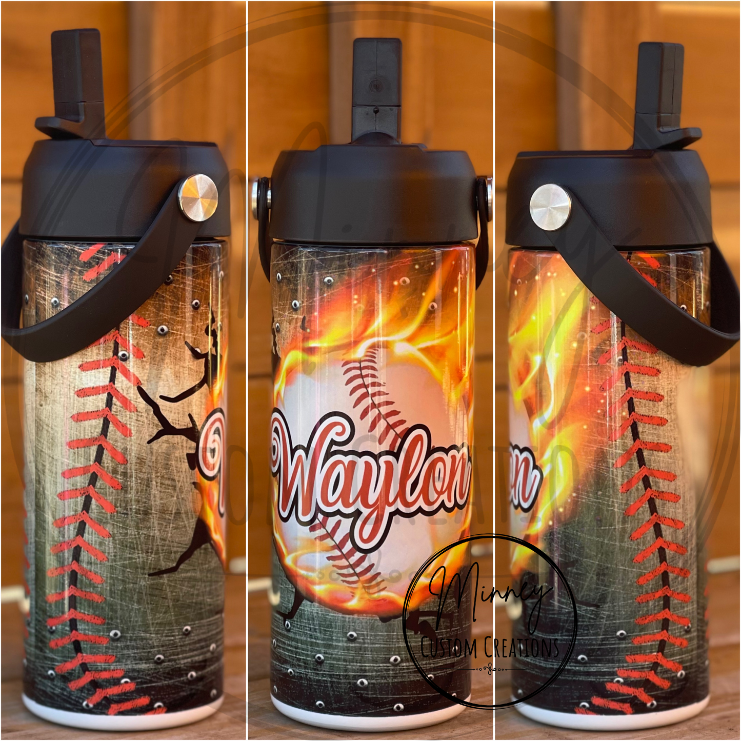 Flaming Baseball Water Bottle