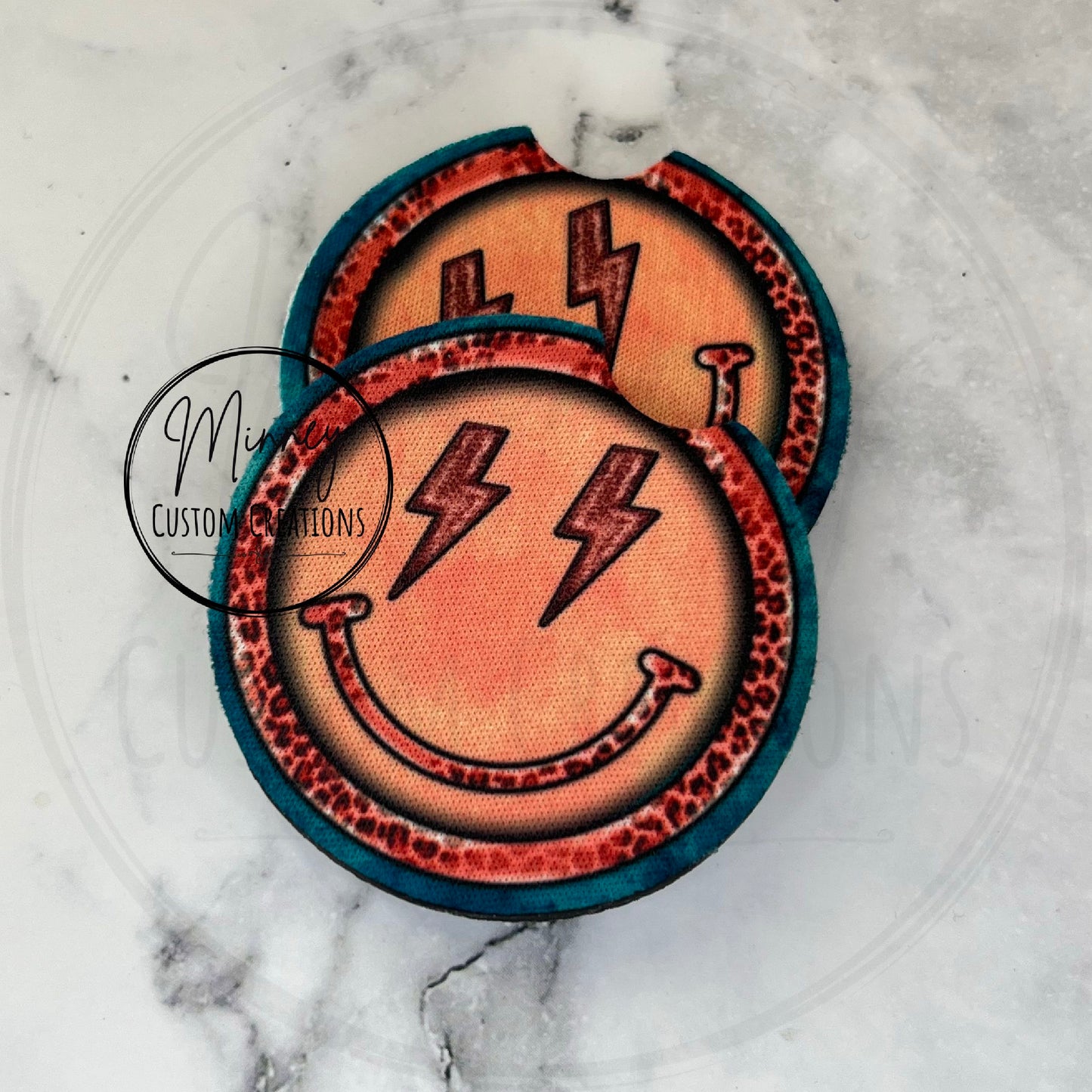 Pink/Teal Smiley Car Coasters