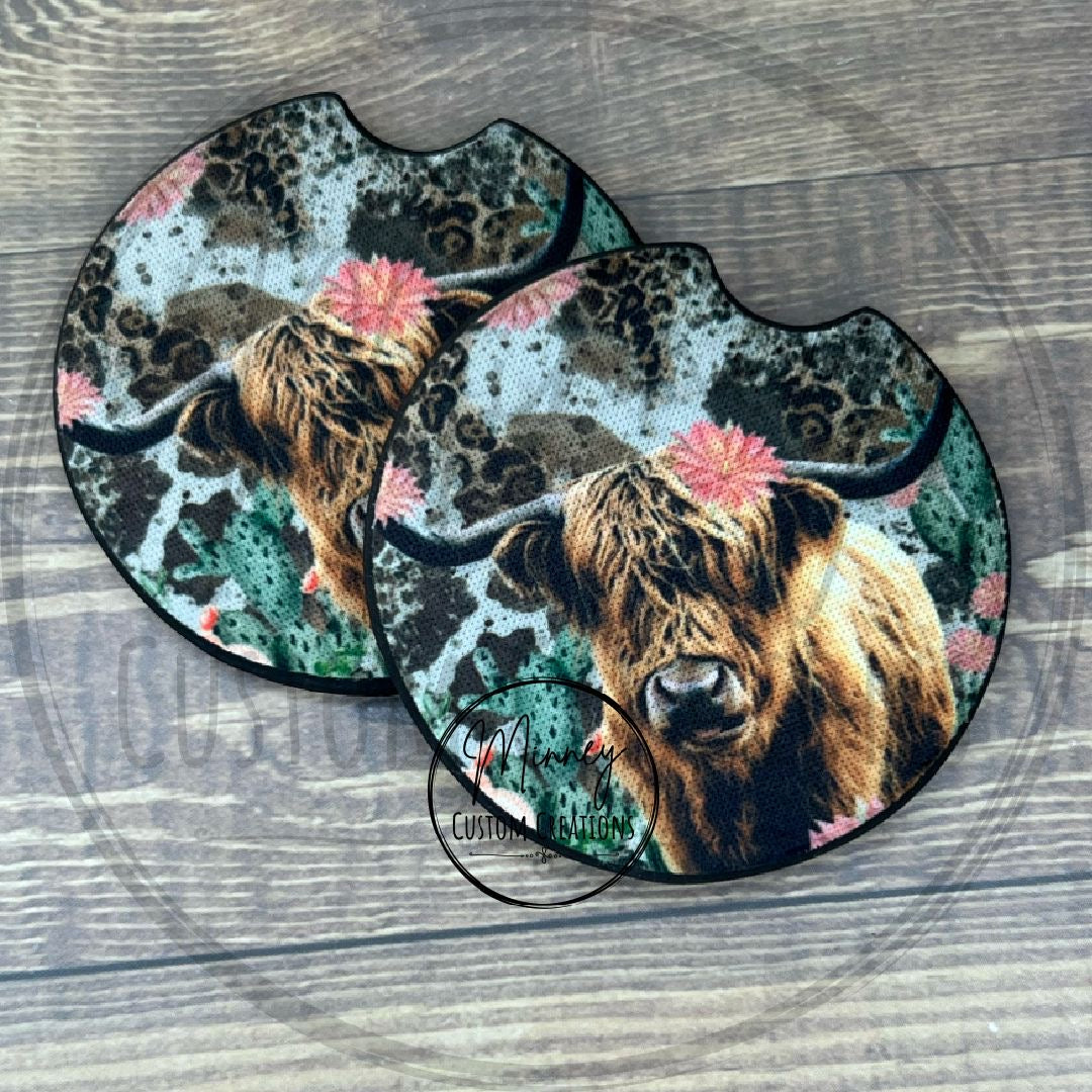 Pink Cactus Highland Cow Car Coasters