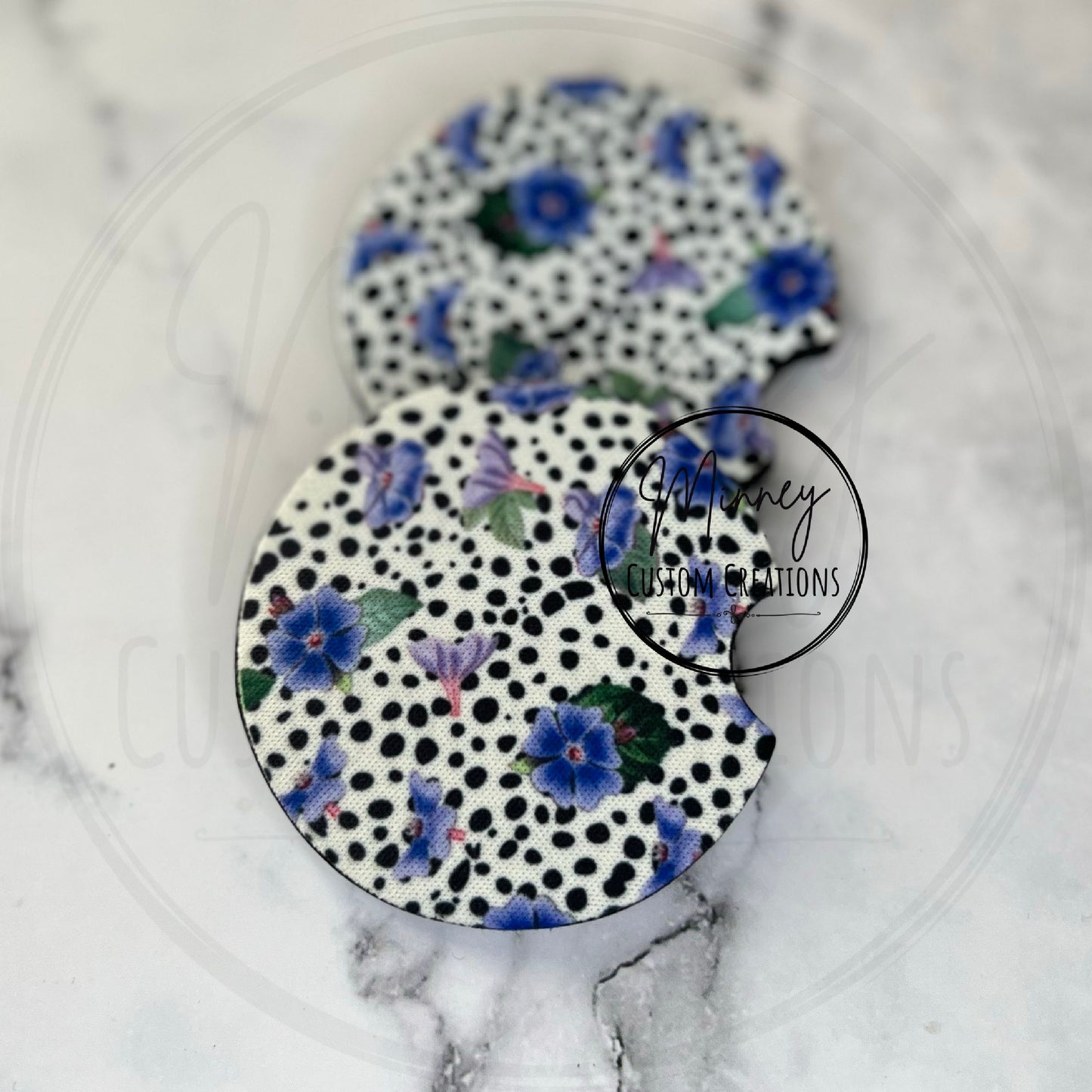 Black Polka Dots/Blue Floral Car Coasters