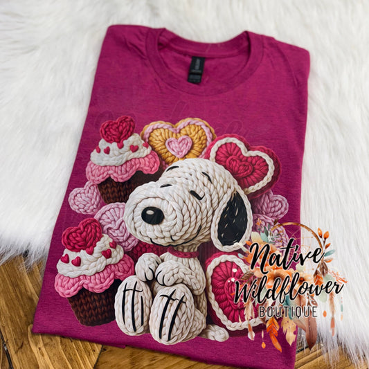 Black and White Dog with Cupcakes and Hearts