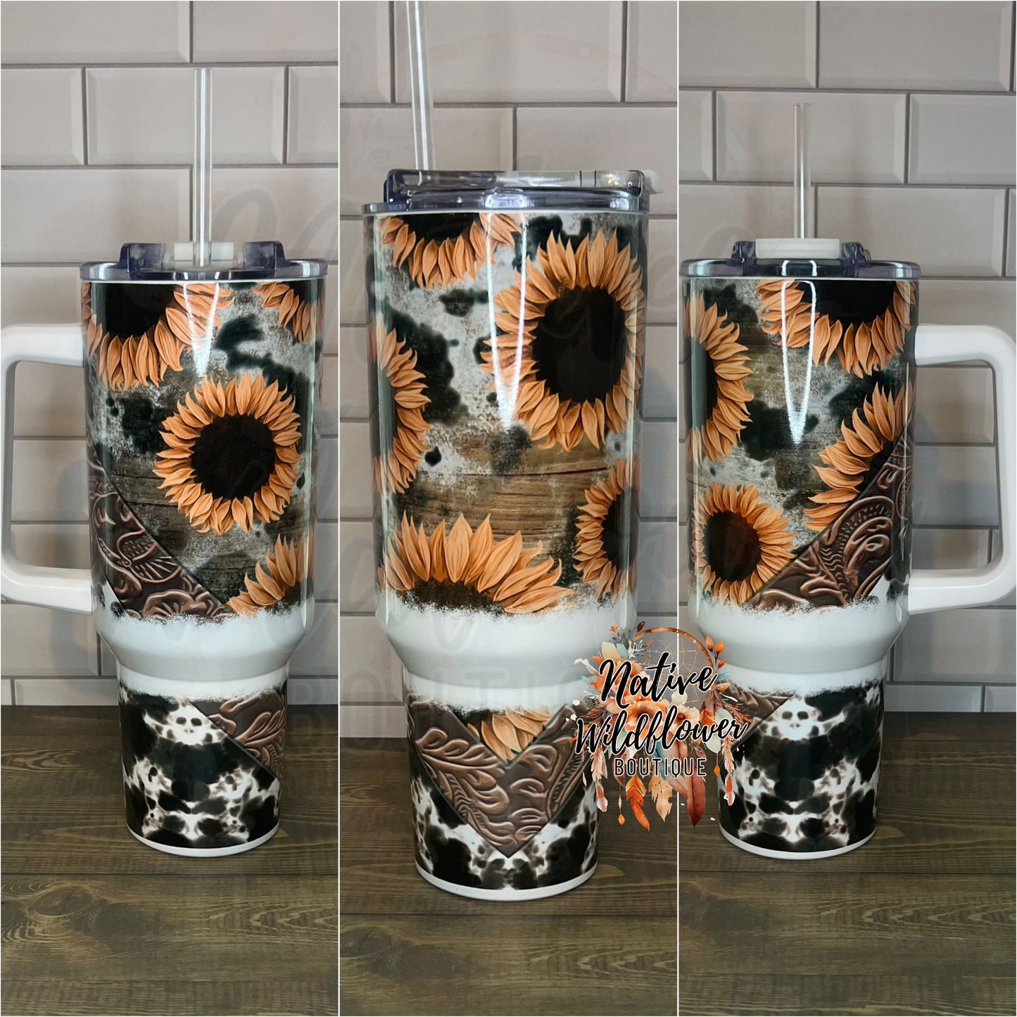 Cowhide Leather Sunflower 40oz Tumbler