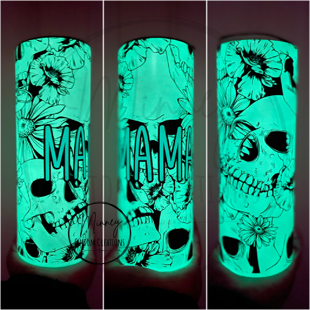 Black & White Floral Skull Glow/UV Tumbler