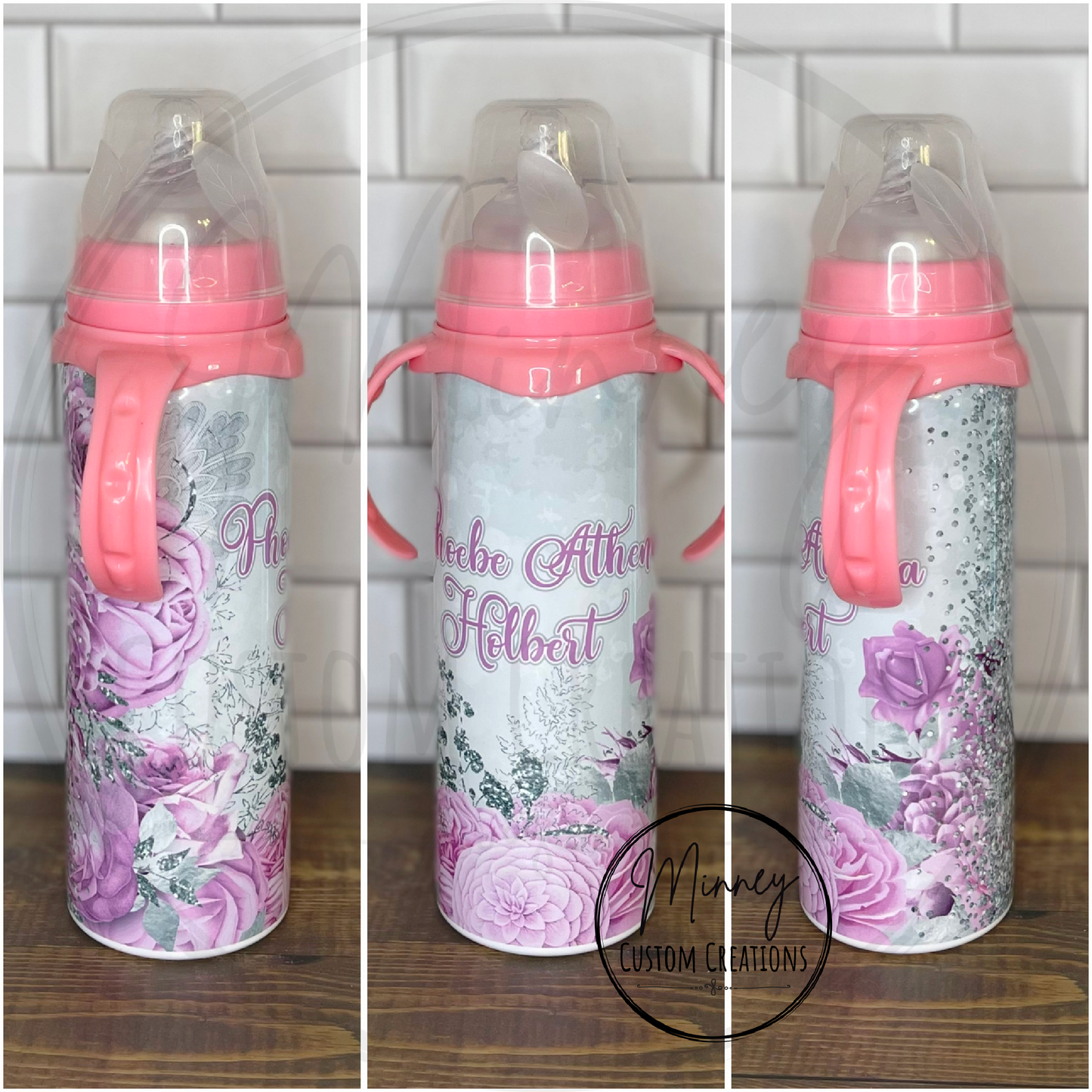 Purple Floral/Silver Glitter Baby Bottle