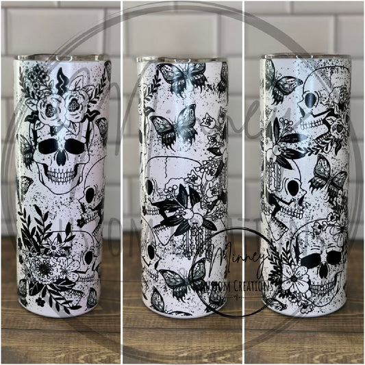 White and Black Butterfly and Skull Tumbler