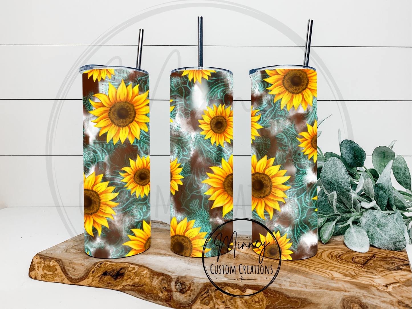 Turquoise Cowhide Sunflower Tumbler