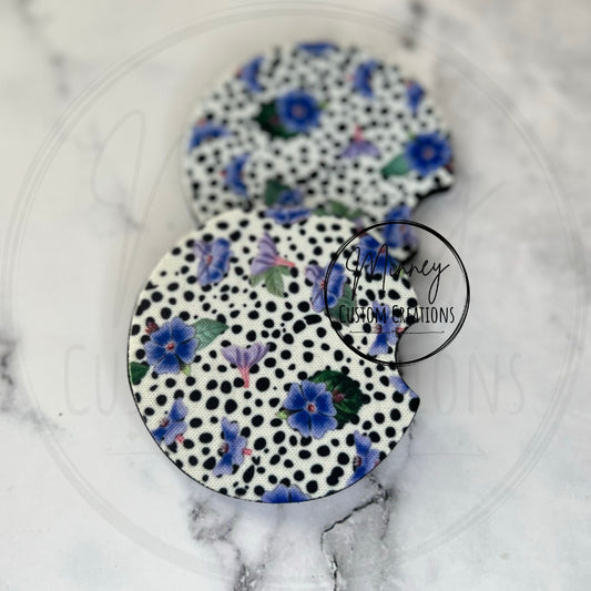 Black Polka Dots/Blue Floral  Car Coasters