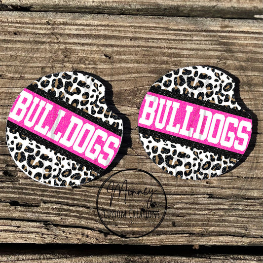 Pink/Leopard Bulldogs Car Coasters