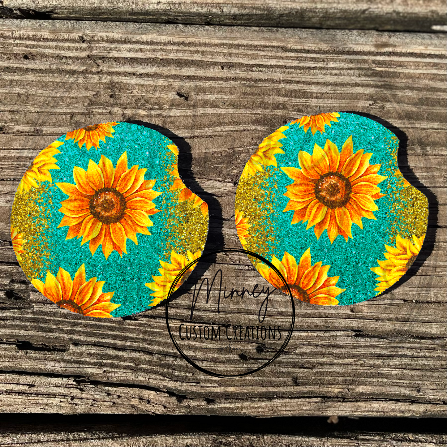 Yellow/Turquoise Glitter Sunflower Car Coasters